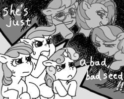 Size: 600x480 | Tagged: safe, artist:invisibleone11, apple bloom, babs seed, diamond tiara, scootaloo, silver spoon, sweetie belle, g4, angry, black and white, crying, cutie mark crusaders, grayscale, monochrome, sad, sketch, sneer