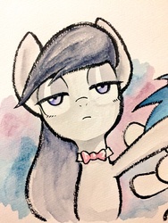 Size: 768x1024 | Tagged: safe, artist:ahiru_7, dj pon-3, octavia melody, vinyl scratch, g4, :i, bowtie, lidded eyes, looking at you, solo focus, traditional art, unamused, watercolor painting