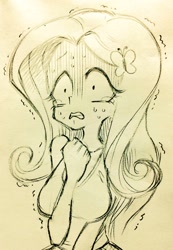 Size: 710x1024 | Tagged: safe, artist:ahiru_7, fluttershy, equestria girls, g4, female, scared, shivering, sketch, solo, sweat, traditional art