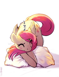 Size: 1900x2478 | Tagged: safe, artist:maximunex, fluttershy, pegasus, pony, g4, cute, eyes closed, female, folded wings, lying down, pillow, shyabetes, simple background, sleeping, solo, sunlight, waking up, white background