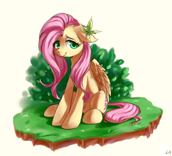 Size: 1024x927 | Tagged: safe, artist:luciferamon, fluttershy, butterfly, pony, g4, cute, dirt cube, female, lidded eyes, looking at you, shyabetes, simple background, sitting, smiling, solo