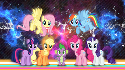 Size: 1920x1080 | Tagged: safe, artist:animerge, artist:dashiesparkle, applejack, fluttershy, pinkie pie, rainbow dash, rarity, spike, twilight sparkle, g4, constellation, group shot, looking at you, mane seven, mane six, nebula, vector, wallpaper