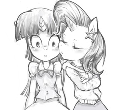 Size: 600x535 | Tagged: safe, artist:conoghi, trixie, twilight sparkle, anthro, g4, clothes, equestria girls outfit, female, kissing, lesbian, monochrome, ship:twixie, shipping