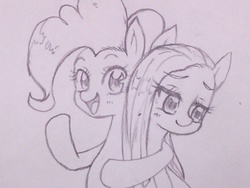 Size: 640x480 | Tagged: safe, artist:jurisalis, pinkie pie, earth pony, pony, g4, cute, duality, duo, female, grayscale, hug, looking at you, mare, monochrome, open mouth, pinkamena diane pie, smiling