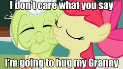 Size: 960x540 | Tagged: safe, edit, edited screencap, screencap, apple bloom, granny smith, earth pony, pony, family appreciation day, g4, caption, image macro, meme, text