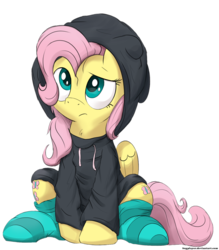 Size: 1341x1533 | Tagged: safe, artist:bugplayer, edit, fluttershy, pegasus, pony, g4, both cutie marks, bugplayer is trying to murder us, clothes, cute, female, hoodie, hug life, looking up, mare, messy mane, raised eyebrow, shyabetes, simple background, sitting, socks, solo, striped socks, transparent background