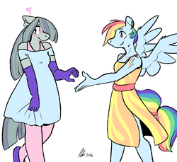 Size: 1280x1173 | Tagged: safe, artist:rwl, marble pie, rainbow dash, anthro, g4, blushing, clothes, cutie mark, dress, evening gloves, exclamation point, female, gloves, interrobang, interrobang (glyph), lesbian, marbledash, piercing, question mark, shipping, spread wings, story in the source, story included