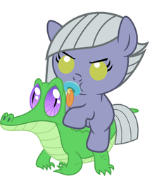 Size: 836x967 | Tagged: safe, artist:red4567, gummy, limestone pie, earth pony, pony, g4, baby, baby pony, cute, filly limestone pie, limabetes, limestone pie riding gummy, pacifier, ponies riding gators, recolor, riding, weapons-grade cute