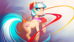 Size: 2500x1415 | Tagged: safe, artist:antiander, coco pommel, earth pony, pony, g4, abstract background, butt, color porn, featured image, featureless crotch, female, flower, grin, looking back, mouth hold, needle, photoshop, plot, raised hoof, ribbon, smiling, solo, tail wrap, unshorn fetlocks