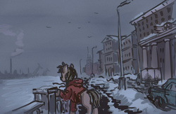 Size: 1024x666 | Tagged: safe, artist:agm, earth pony, pony, butt, car, city, cityscape, clothes, plot, russia, saint petersburg, snow, winter