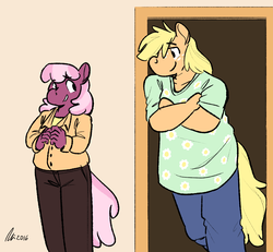 Size: 1280x1184 | Tagged: safe, artist:rwl, applejack, cheerilee, earth pony, anthro, g4, cheerijack, clothes, female, lesbian, shipping, size difference