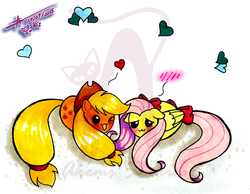 Size: 1200x929 | Tagged: safe, artist:shikimaakemi, applejack, fluttershy, g4, blob, blob ponies, chubbie, cute, female, lesbian, love, my little squishy, obtrusive watermark, ship:appleshy, shipping, traditional art, watermark