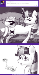 Size: 740x1436 | Tagged: safe, artist:deusexequus, twilight sparkle, alicorn, pony, ask the princess of friendship with benefits, g4, ask, comic, couch, eating, eyes closed, female, food, ice cream, levitation, magic, mare, monochrome, solo, spoon, telekinesis, tumblr, twilight sparkle (alicorn)