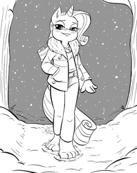 Size: 795x1004 | Tagged: safe, artist:kuroi-wolf, rarity, anthro, plantigrade anthro, g4, barefoot, blushing, clothes, denim, feet, female, footprint, jeans, long pants, monochrome, pants, smiling, smug, snow, snowfall, solo, toes, winter, winter outfit