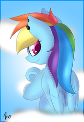 Size: 1280x1865 | Tagged: safe, artist:vivofortissimo, rainbow dash, pegasus, pony, g4, cloud, colored pupils, ear piercing, female, piercing, sky, smiling, solo