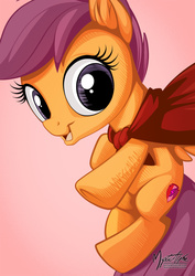 Size: 955x1351 | Tagged: safe, artist:mysticalpha, scootaloo, pegasus, pony, g4, cape, clothes, cmc cape, cutie mark, ear fluff, female, filly, foal, gradient background, looking at you, open mouth, signature, solo, the cmc's cutie marks, underhoof