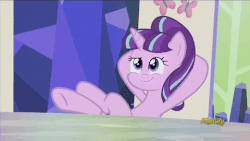 Size: 480x270 | Tagged: safe, artist:qwertyuiopoiuytrewq, edit, edited screencap, screencap, starlight glimmer, g4, the cutie re-mark, animated, crossed legs, discovery family logo, female, friendship throne, hooves, meme, s5 starlight, smug, smuglight glimmer, welcome home twilight