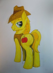 Size: 3113x4226 | Tagged: safe, artist:scribblepwn3, braeburn, earth pony, pony, g4, butt, clothes, cowboy hat, hat, male, pen drawing, plot, solo, traditional art, vest, watercolor painting