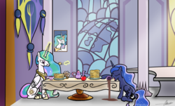 Size: 1024x618 | Tagged: safe, artist:oinktweetstudios, princess celestia, princess luna, g4, apple, coffee, food, hilarious in hindsight, muffin, pancakes, sleeping, spill, table