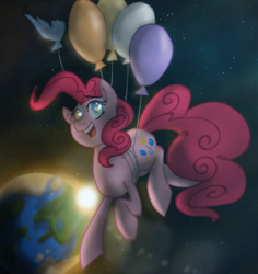 Size: 968x1024 | Tagged: safe, artist:sessomesmaru, pinkie pie, g4, balloon, female, solo, space, then watch her balloons lift her up to the sky