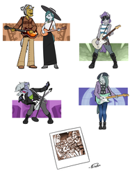 Size: 1575x2000 | Tagged: safe, artist:siden, cloudy quartz, igneous rock pie, limestone pie, marble pie, maud pie, pinkie pie, oc, oc:cashmere, oc:clef rock, oc:decibelle, oc:ink blot, oc:izzy rock, oc:parsley sage, anthro, ultimare universe, g4, alternate universe, electric guitar, guitar, musical instrument, pie family, pie sisters, pie twins, ship:quartzrock