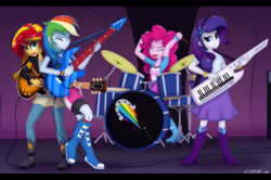Size: 1578x1045 | Tagged: safe, artist:ctb-36, pinkie pie, rainbow dash, rarity, sunset shimmer, equestria girls, g4, my little pony equestria girls: rainbow rocks, boots, bracelet, clothes, drums, electric guitar, guitar, high heel boots, jewelry, keytar, letterboxing, musical instrument, scene interpretation, skirt, stage