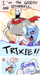 Size: 600x1100 | Tagged: safe, artist:norang94, trixie, pony, unicorn, g4, comic, crossover, female, mare, papyrus (undertale), the great and powerful papyrus, undertale