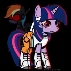 Size: 1000x1000 | Tagged: safe, artist:christiancerda, rainbow dash, twilight sparkle, pony, robot, my little portal, g4, aperture science, crossover, dash-e, portal (valve)