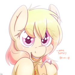 Size: 2500x2500 | Tagged: safe, artist:fluffyxai, oc, oc only, oc:love note, pony, cute, dialogue, female, food, go on, high res, juice, juice box, looking at you, ocbetes, offering, offscreen character, pov, smiling, solo, speech bubble, straw, wingding eyes