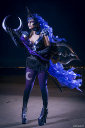 Size: 1333x2000 | Tagged: safe, artist:little-miss-twisted, nightmare moon, human, g4, boots, clothes, cosplay, costume, high heel boots, high heels, irl, irl human, makeup, night, photo, platform heels, platform shoes, shoes, solo, staff