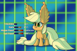 Size: 3000x2000 | Tagged: safe, artist:heir-of-rick, applejack, earth pony, pony, daily apple pony, g4, :t, abstract background, big ears, cute, ear fluff, female, filly, freckles, high res, impossibly large ears, jackabetes, smiling, solo, stats, style emulation, younger