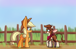 Size: 1750x1150 | Tagged: safe, artist:heir-of-rick, applejack, arizona (tfh), cow, daily apple pony, them's fightin' herds, g4, community related, hay stalk, impossibly large ears, straw in mouth