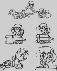 Size: 1000x1249 | Tagged: safe, artist:thebirdiebin, oc, oc:anonguard, oc:steel charge, oc:sundance, oc:treads, pony, colt quest, adorable face, adventurer, armor, box, box tank, crossover, cute, cyoa:galloping steel, cyoa:hijack, cyoa:just another day, cyoa:royal guard survival, doll, female, guard, guards, happy, male, mare, royal guard, squee, stallion, story included, tank (vehicle), toy