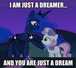 Size: 555x500 | Tagged: safe, edit, edited screencap, screencap, princess luna, sweetie belle, alicorn, pony, unicorn, for whom the sweetie belle toils, g4, cropped, dream walker luna, duo, ethereal mane, female, filly, foal, image macro, like a hurricane, mare, meme, neil young, song reference, starry mane