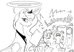 Size: 1280x904 | Tagged: safe, artist:silfoe, princess luna, twilight sparkle, oc, oc:evening melody, bat pony, pony, royal sketchbook, g4, blatant lies, court, dialogue, file, glowing horn, grayscale, horn, lies, looking at you, magic, monochrome, paper, screaming, telekinesis