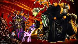 Size: 1024x576 | Tagged: safe, artist:eztp, spike, twilight sparkle, oc, alicorn, cyborg, pony, fanfic:iron hearts, g4, angry, armor, augmented, chaos, clothes, commission, crossover, dark mechanicus, fanfic art, female, heresy, junkyard, mare, robe, robotic arm, servo arm, servo skull, techpriest, twilight sparkle (alicorn), warhammer (game), warhammer 40k, xenerite