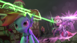 Size: 1920x1080 | Tagged: safe, artist:juicedane, pinkie pie, rainbow dash, twilight sparkle, alicorn, pegasus, pony, g4, 3d, behaving like a weapon, female, mare, source filmmaker, twigun, twilight sparkle (alicorn)