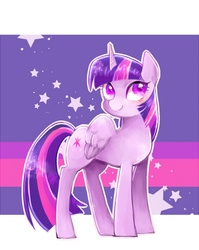 Size: 550x690 | Tagged: safe, artist:sibashen, twilight sparkle, alicorn, pony, g4, abstract background, colored pupils, female, looking at you, smiling, solo, stars, twilight sparkle (alicorn)