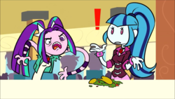 Size: 1366x768 | Tagged: safe, artist:ponut_joe, aria blaze, sonata dusk, equestria girls, g4, abuse, exclamation point, food, sonatabuse, taco, taco hell, this will end in tears and/or death, youtube link