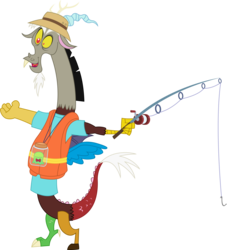 Size: 2768x3051 | Tagged: safe, artist:sketchmcreations, discord, smooze, g4, what about discord?, bowtie, clothes, fishing rod, high res, jar, lifejacket, male, open mouth, shirt, simple background, solo, transparent background, vector, what about bob?