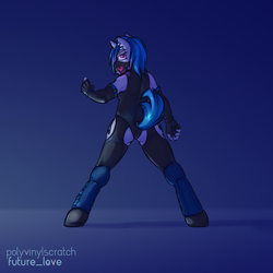 Size: 4000x4000 | Tagged: safe, artist:krd, dj pon-3, vinyl scratch, unicorn, anthro, unguligrade anthro, g4, abstract background, absurd resolution, album cover, clothes, earring, female, fingerless gloves, gloves, latex, latex suit, looking at you, mask, piercing, solo