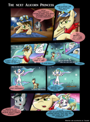 Size: 992x1333 | Tagged: safe, artist:tailzkip, princess celestia, oc, alicorn, earth pony, pony, g4, ascension realm, coffee, coffee machine, comic, conductor, coronation, female, food, mare, princess celestia's special princess making dimension