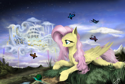 Size: 1687x1143 | Tagged: safe, artist:vinicius040598, fluttershy, butterfly, snail, g4, cloudsdale, day, prone, puddle, scenery, stars, unshorn fetlocks