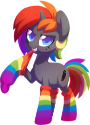 Size: 792x1091 | Tagged: safe, artist:dawnfire, oc, oc only, oc:krylone, clothes, colored pupils, male, mouth hold, rainbow hair, rainbow socks, simple background, socks, solo, stallion, striped socks, transparent background