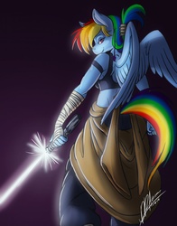 Size: 1006x1280 | Tagged: safe, artist:thebigbadwolf01, rainbow dash, anthro, g4, bandage, clothes, commission, crossover, female, lightsaber, looking at you, looking back, looking back at you, midriff, rey, smiling, solo, star wars, weapon