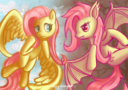 Size: 4961x3508 | Tagged: safe, artist:seer45, fluttershy, bat pony, pony, g4, duality, duo, flutterbat, looking at each other