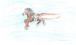 Size: 2192x1308 | Tagged: safe, artist:horsesplease, trouble shoes, g4, flying, jetpack, scared, traditional art