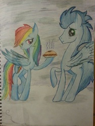 Size: 960x1280 | Tagged: safe, artist:snowshine5, rainbow dash, soarin', pony, g4, female, food, hoof hold, male, pie, ship:soarindash, shipping, straight, that pony sure does love pies, traditional art