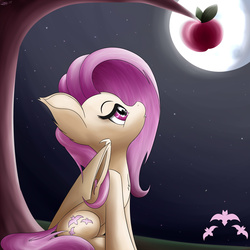 Size: 2000x2000 | Tagged: safe, artist:ironheart3498, fluttershy, bat pony, pony, g4, apple, big ears, cute little fangs, fangs, female, flutterbat, food, high res, lonely, looking up, moon, night, sad, sitting, solo