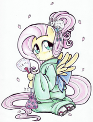 Size: 900x1180 | Tagged: safe, artist:oriwhitedeer, fluttershy, g4, alternate hairstyle, cherry blossoms, clothes, fan, female, kimono (clothing), solo, traditional art, watermark